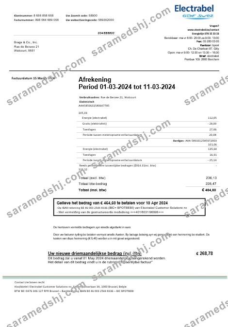 Belgium Electrabel electricity business utility bill template, fully editable in Word and PDF format
